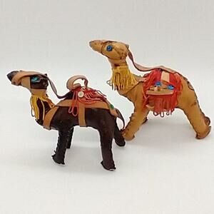 Vtg Set of 2 Leather Handmade Camels Saddles with Fringe Dark Brown Tan